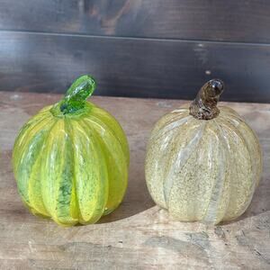 Handblown Murano Style glass pumpkin gourd pair art glass yellow green Fall